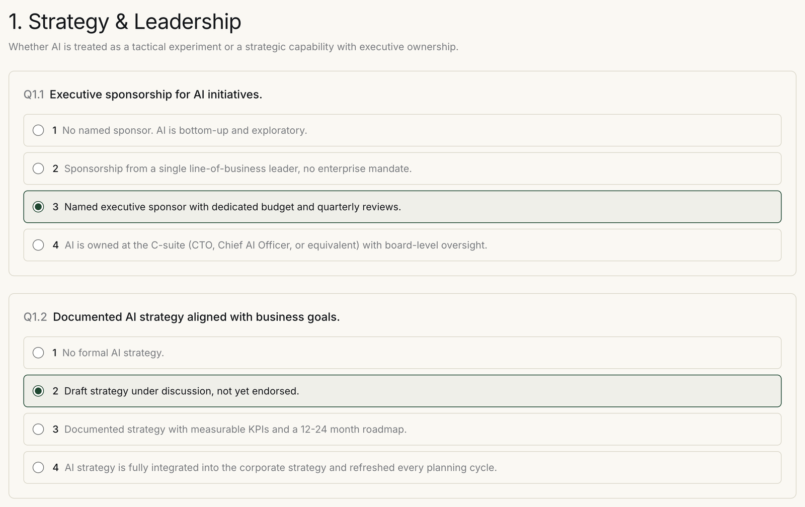 Strategy and Leadership section of the AI readiness assessment, with option 3 selected for executive sponsorship and option 2 selected for documented AI strategy