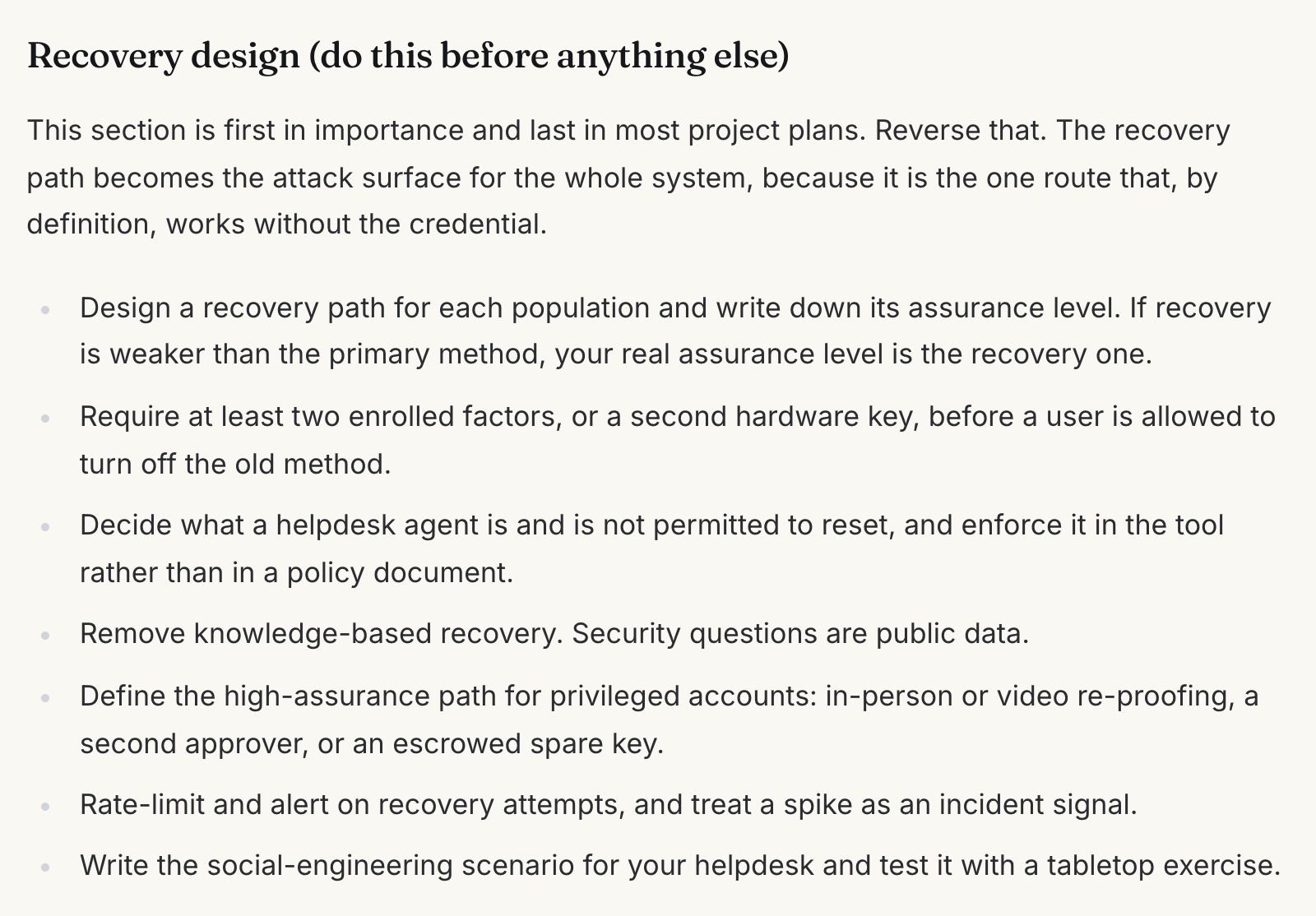 Recovery design section of the passwordless implementation checklist with seven items, including writing down the assurance level of each recovery path and removing knowledge-based recovery