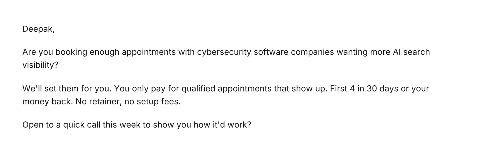 Cold email opening: Are you booking enough appointments with cybersecurity software companies wanting more AI search visibility?