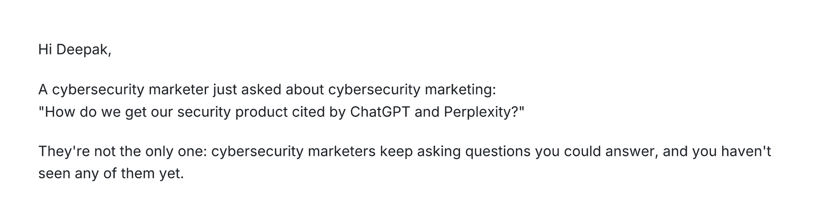 Cold email quoting a cybersecurity marketer asking how to get a security product cited by ChatGPT and Perplexity
