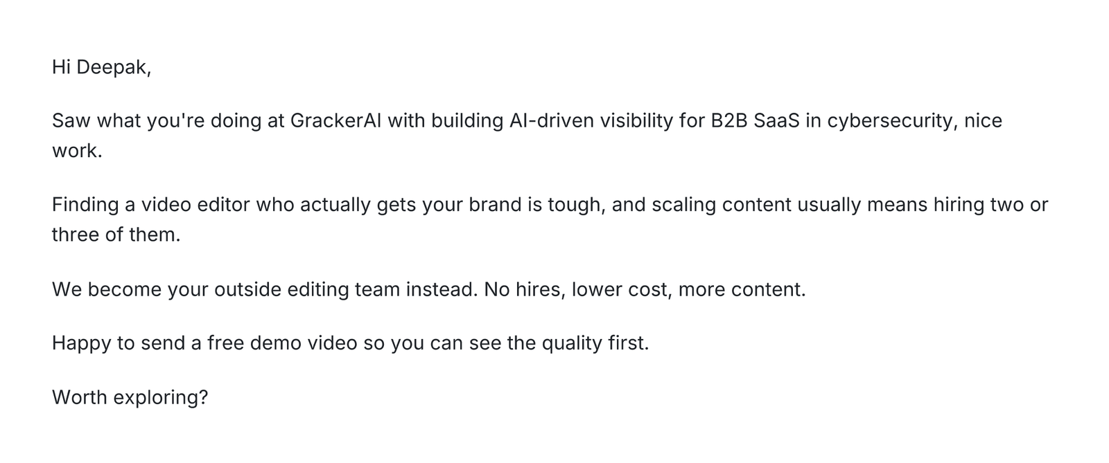 Cold email from a video editing service that opens by correctly describing GrackerAI as building AI-driven visibility for B2B SaaS in cybersecurity