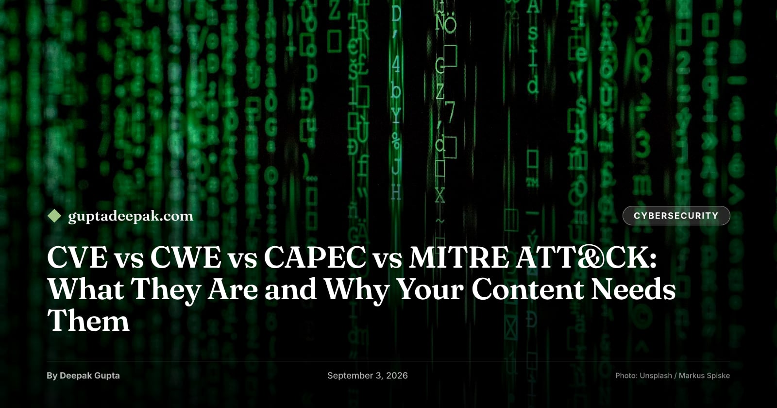 CVE vs CWE vs CAPEC vs MITRE ATT&CK: What They Are and Why Your Content Needs Them, by Deepak Gupta on guptadeepak.com