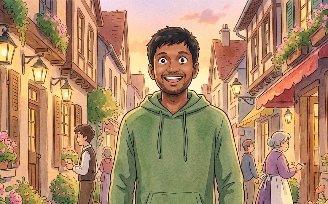 Deepak Gupta, illustrated in a watercolor street scene