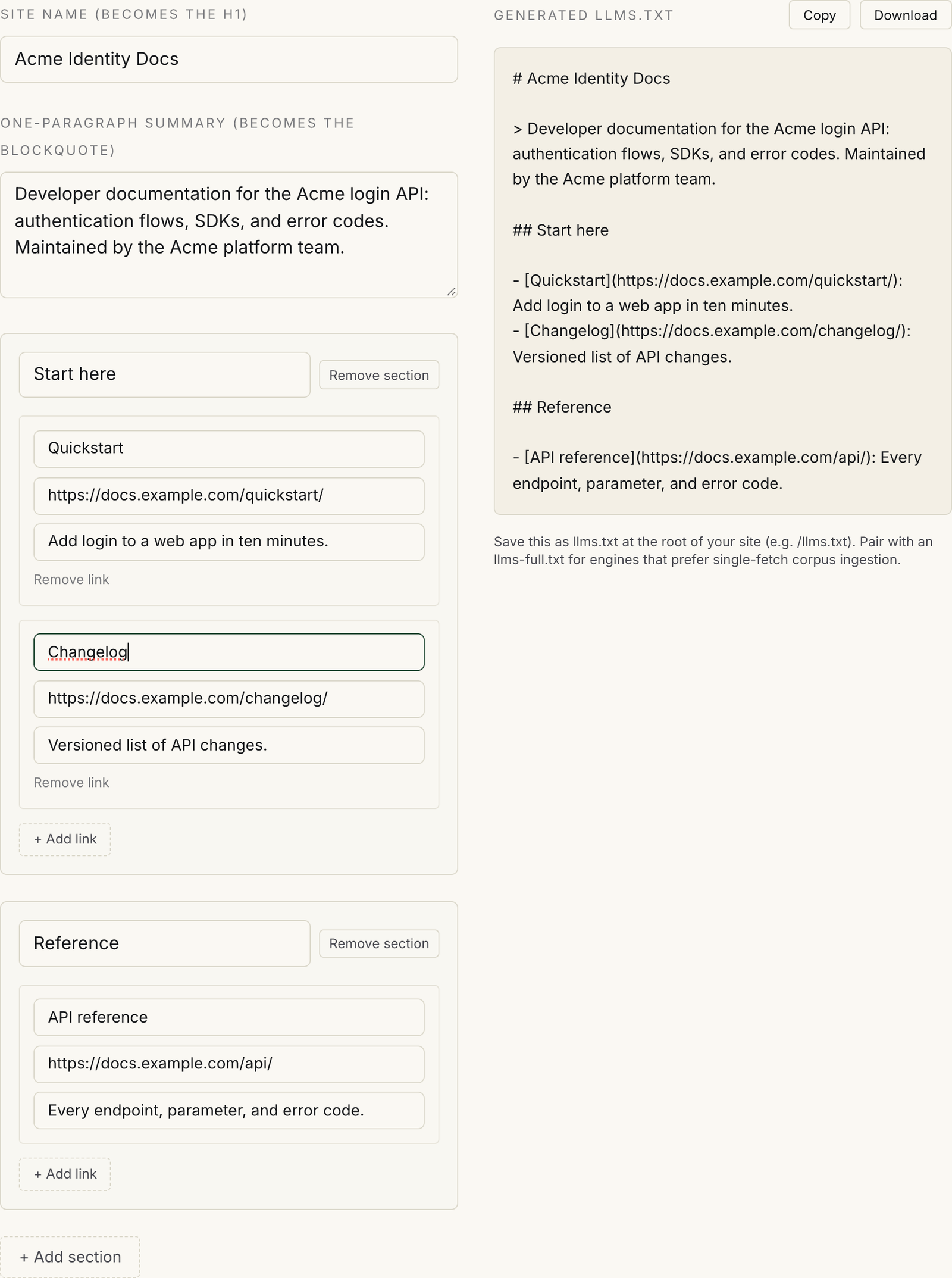 llms.txt generator form filled with a sample docs site called Acme Identity Docs, with Start here and Reference sections, and the generated Markdown file shown on the right