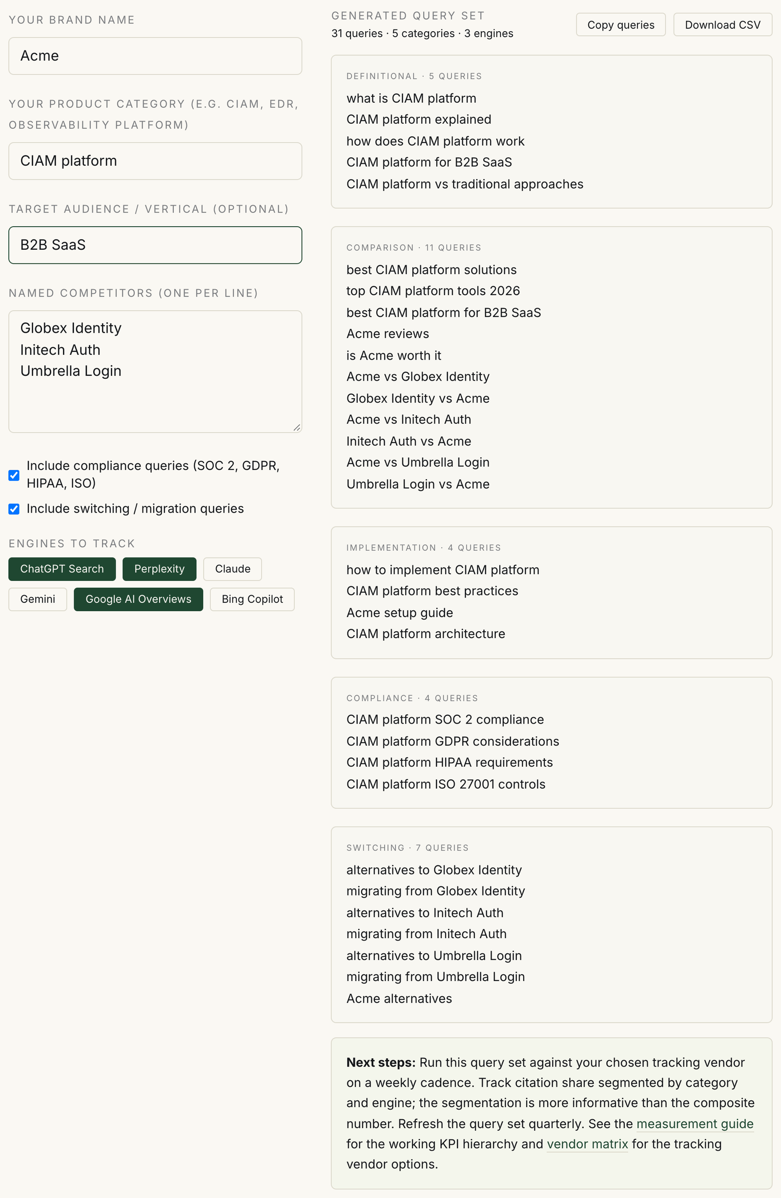 Citation Tracker Quickstart filled with brand Acme, category CIAM platform, audience B2B SaaS, and three fictional competitors, producing 31 queries across definitional, comparison, implementation, compliance, and switching groups