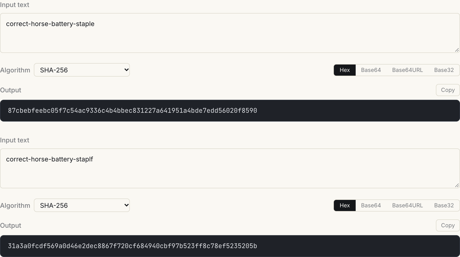 Hash Lab properties demo showing two SHA-256 outputs: correct-horse-battery-staple hashes to 87cbebfe... and correct-horse-battery-staplf hashes to 31a3a0fc..., with no visible resemblance