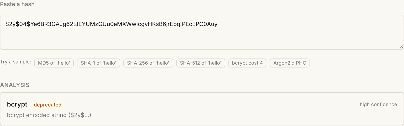 Hash Lab identifier analysing a pasted bcrypt string beginning $2y$04$ and reporting bcrypt with high confidence