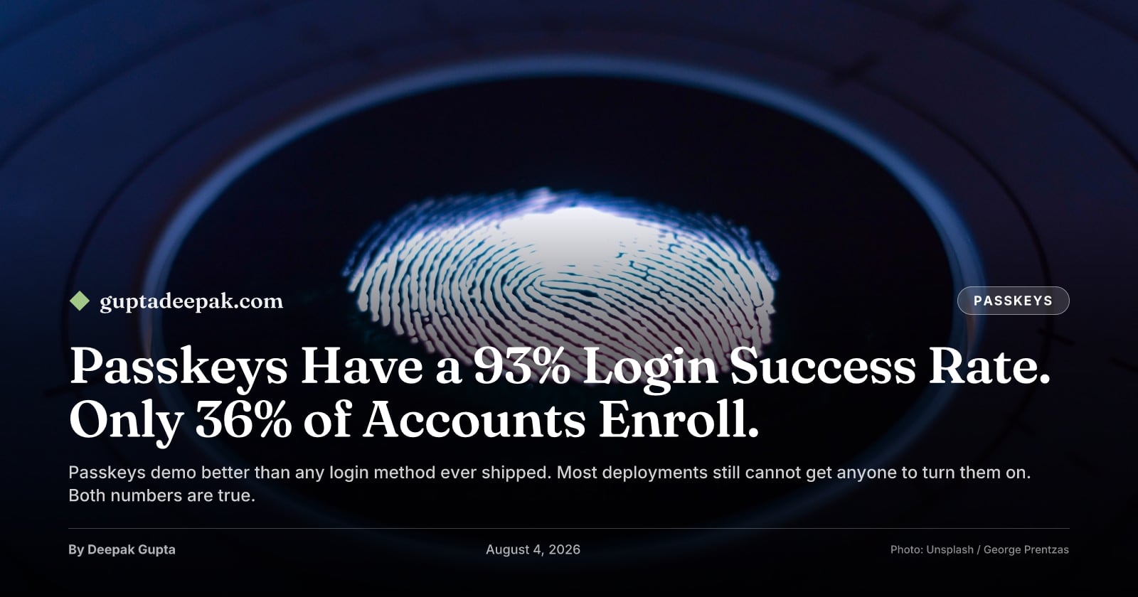Passkeys Have a 93% Login Success Rate. Only 36% of Accounts Enroll., by Deepak Gupta on guptadeepak.com