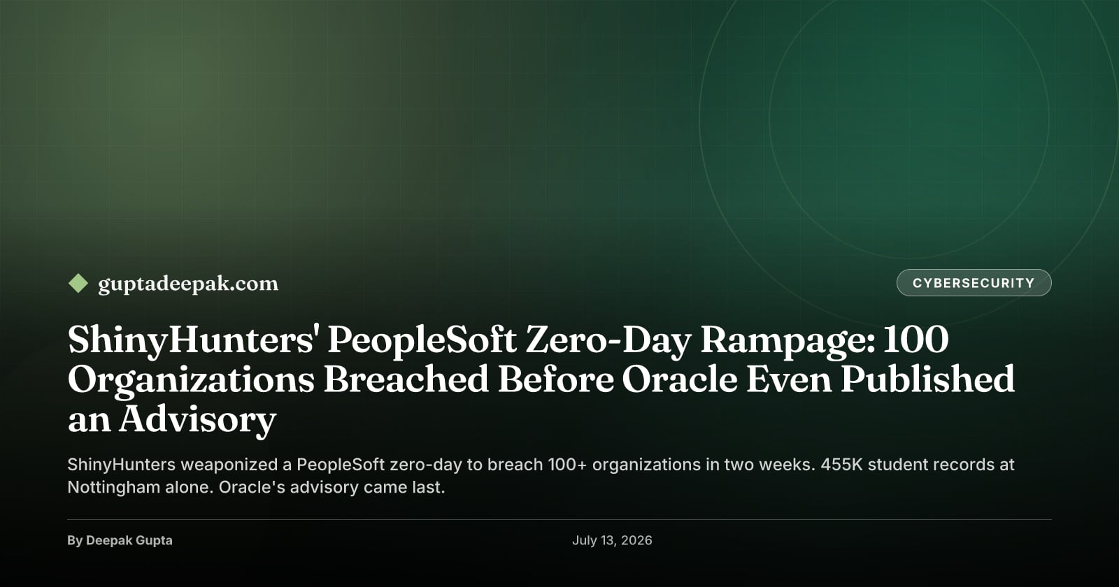 ShinyHunters' PeopleSoft Zero-Day Rampage: 100+ Organizations Breached Before Oracle Even Published an Advisory, by Deepak Gupta on guptadeepak.com